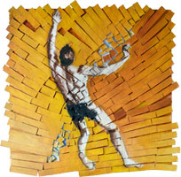 oil painting of a male gymnast breaking away from a fragmented universe